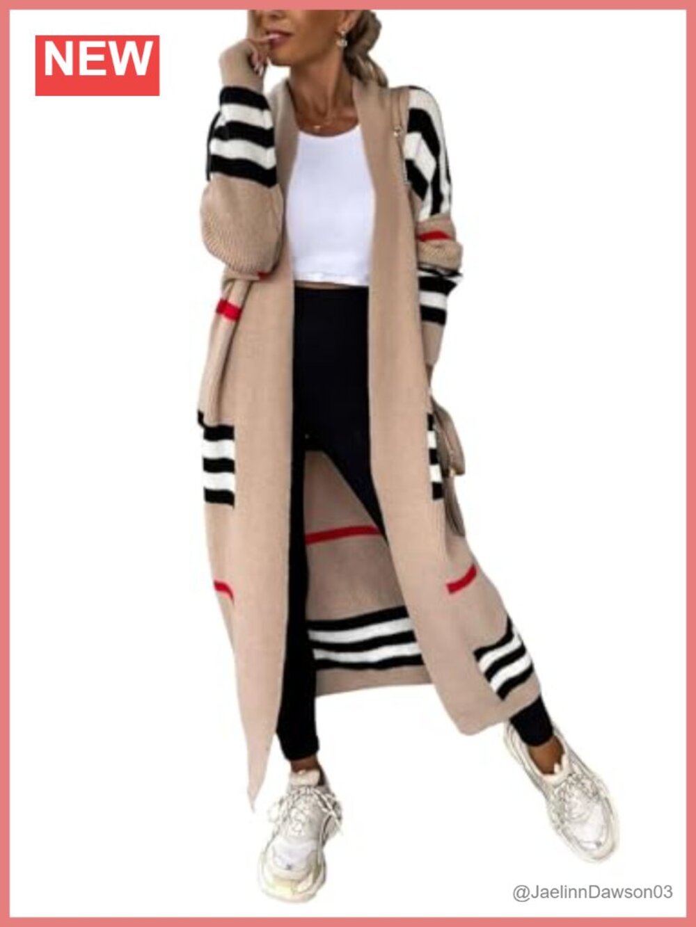 Open Front Striped Knit Maxi Long Cardigan Sweater with Pockets